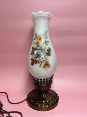 Vintage Milk Glass Hurricane Lamp With Floral Pattern and Bronze Base